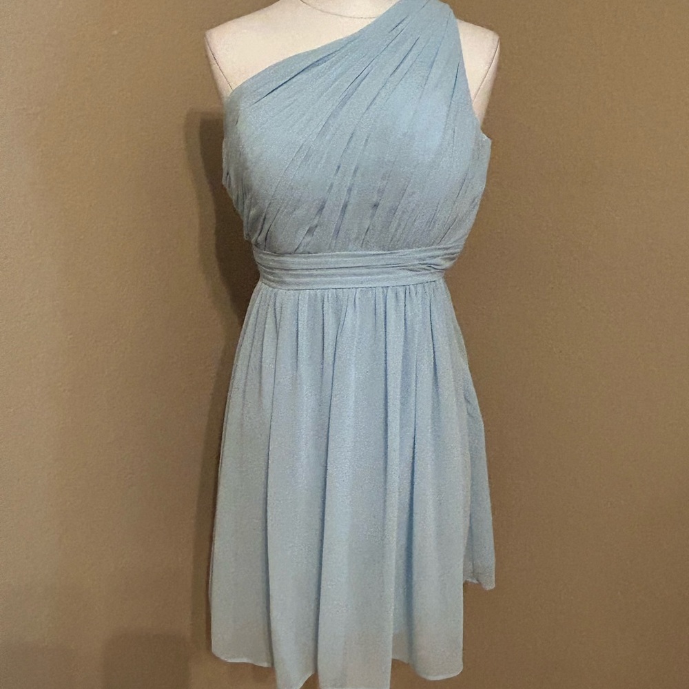Bill Levkoff Dress: Elegant One-Shoulder Blue Dress. Worn once!
